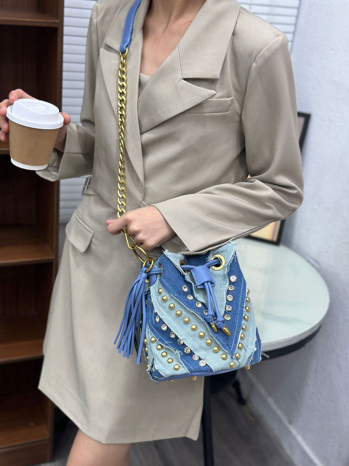 Fashion Affordable Luxury Diamond High-grade Denim Bucket Bags