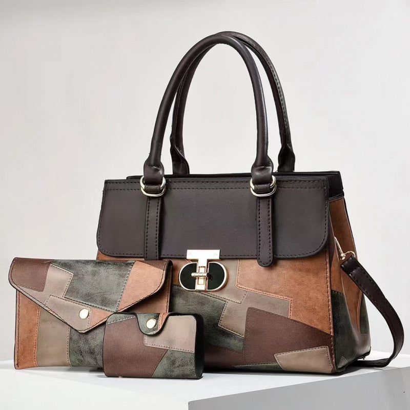 Women's Fashion Color Contrast Large Capacity Combination Retro Easy Matching Women's Handbag