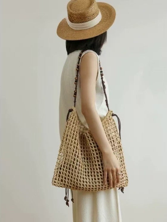 Women's Vacation Style Straw Hand-woven Hollow Portable Large Capacity Tote Bags