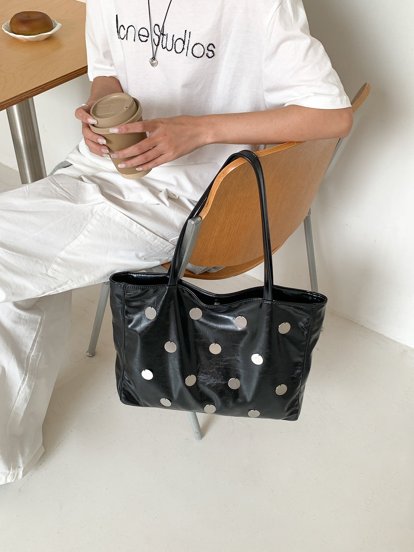 Metal Polka Dot Soft Leather Large Capacity Female Women's Shoulder Bag