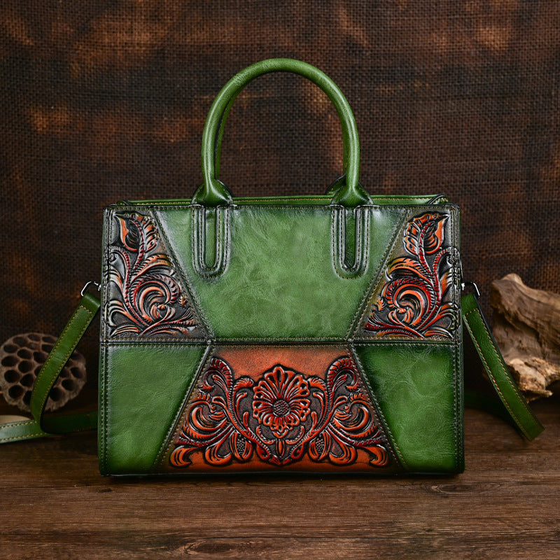 Women's Retro Patchwork Chinese Style Artistic Handmade Leather Carving Texture Women's Handbag