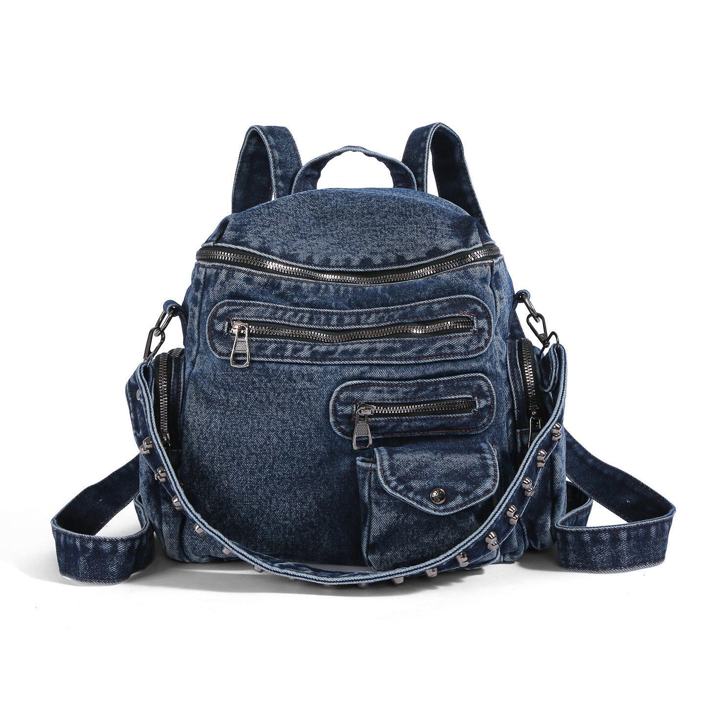 Retro Washed Denim Design Rivet Versatile College Leisure Backpack