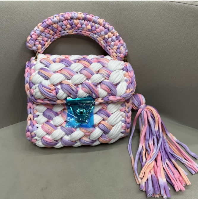Contrast Color Handmade Finished Strip Thread Wool Bearded Bags
