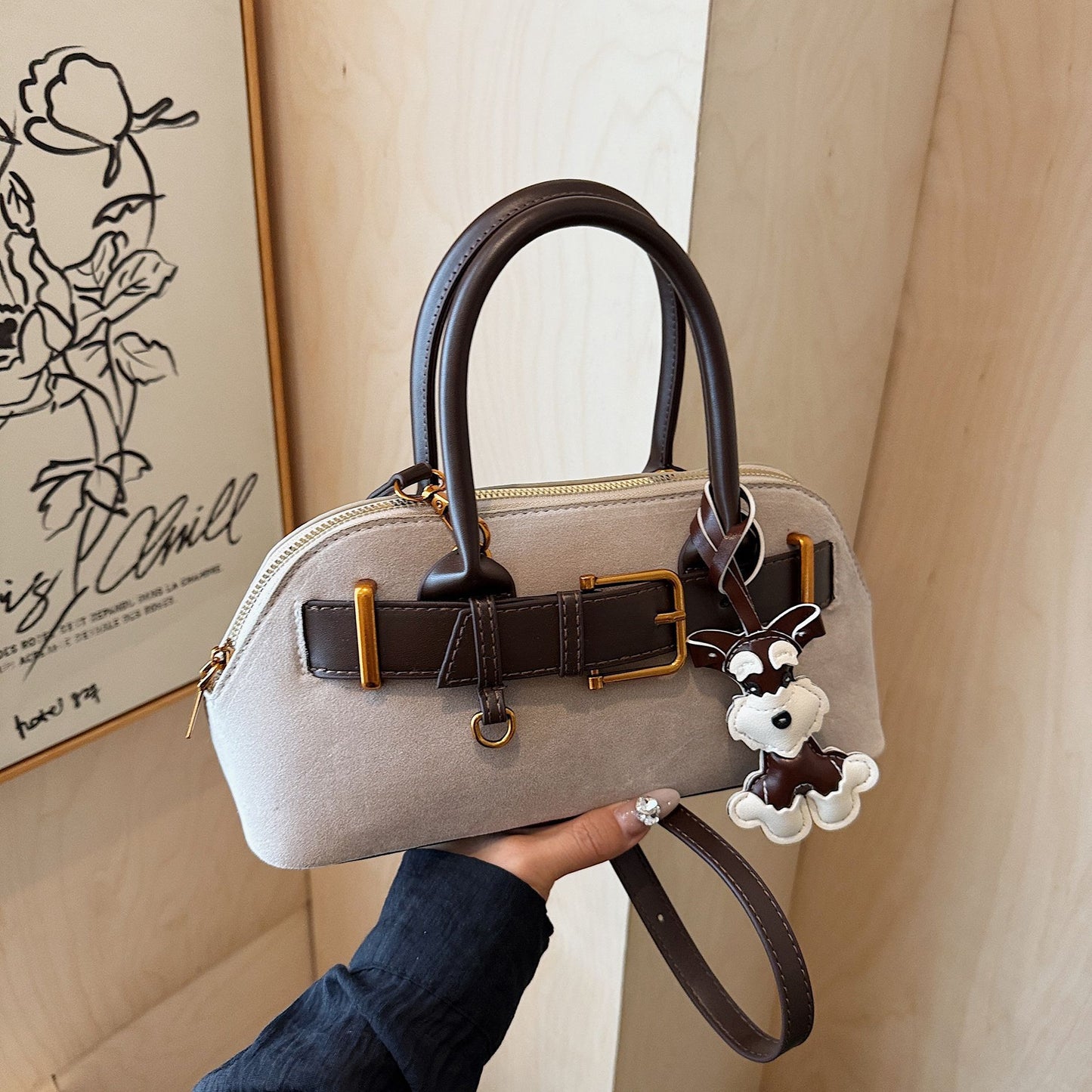 Women's Suede Korean Style Stitching Machine Car Women's Shoulder Bag