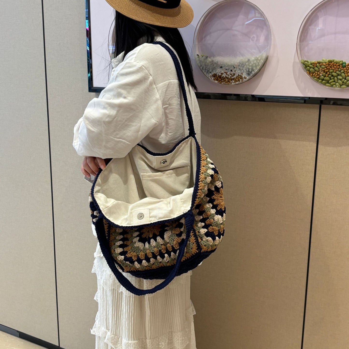 Women's Bohemian Navy Blue Woven Cotton Large Capacity Bags