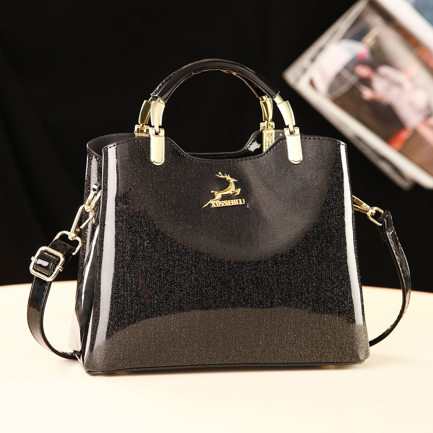 Women's Fashion Classic Shiny Leather Lady Large Bags