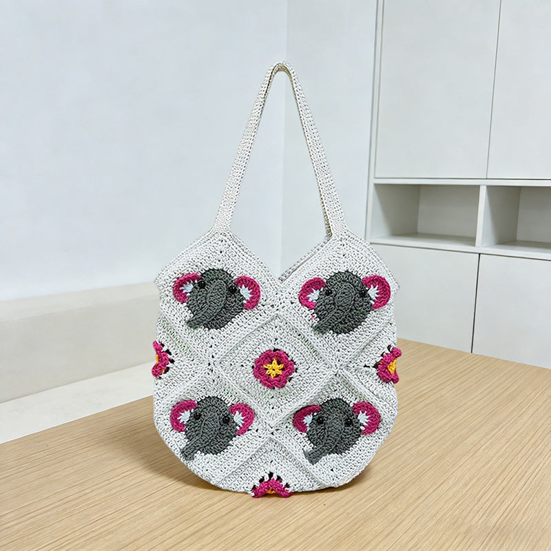 Women's Elephant Head Hand-woven Diamond Plaid Hollow Seaside Women's Messenger Bag