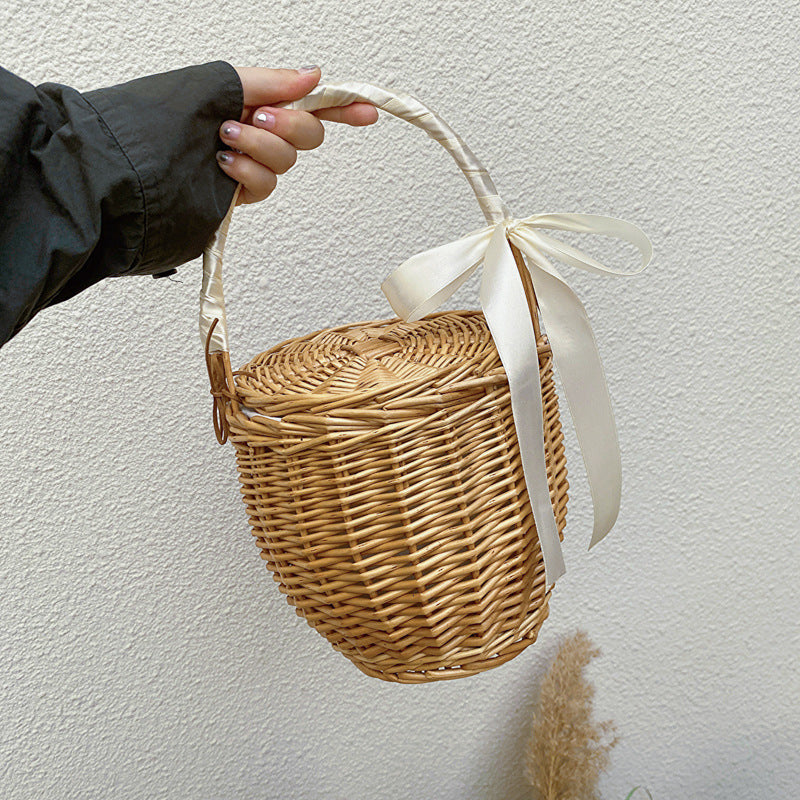 Bamboo Hand-woven French Cabas Vegetable Basket With Lid Women's Handbag