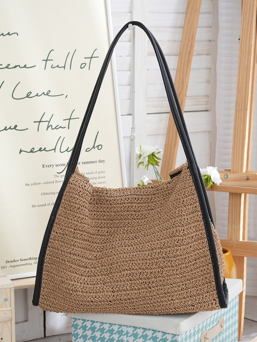 Women's French Style Large Capacity Straw Niche Solid Color Woven Vacation Women's Shoulder Bag