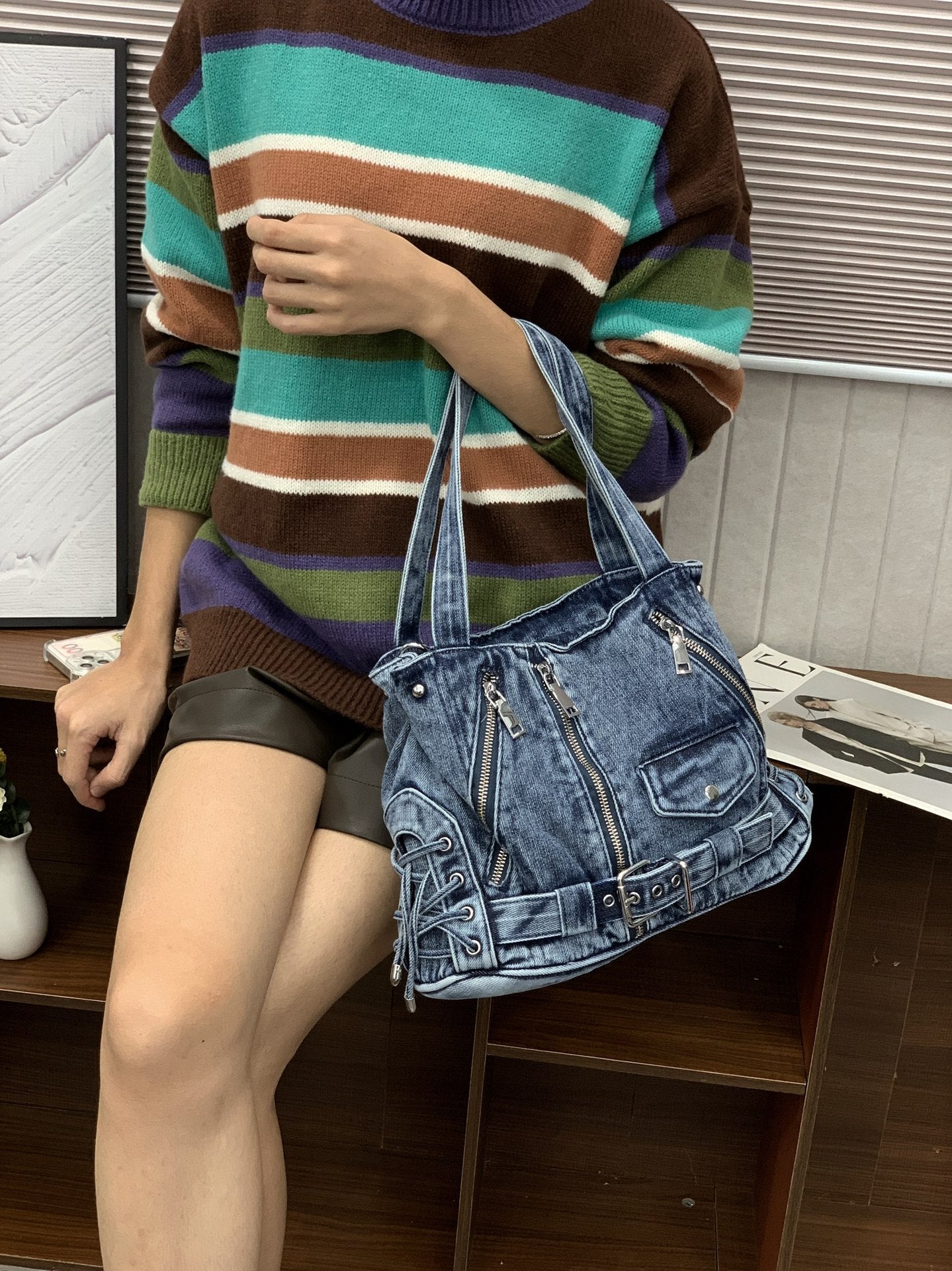 Fashion Denim Washed Punk Motorcycle Hot Top Bags