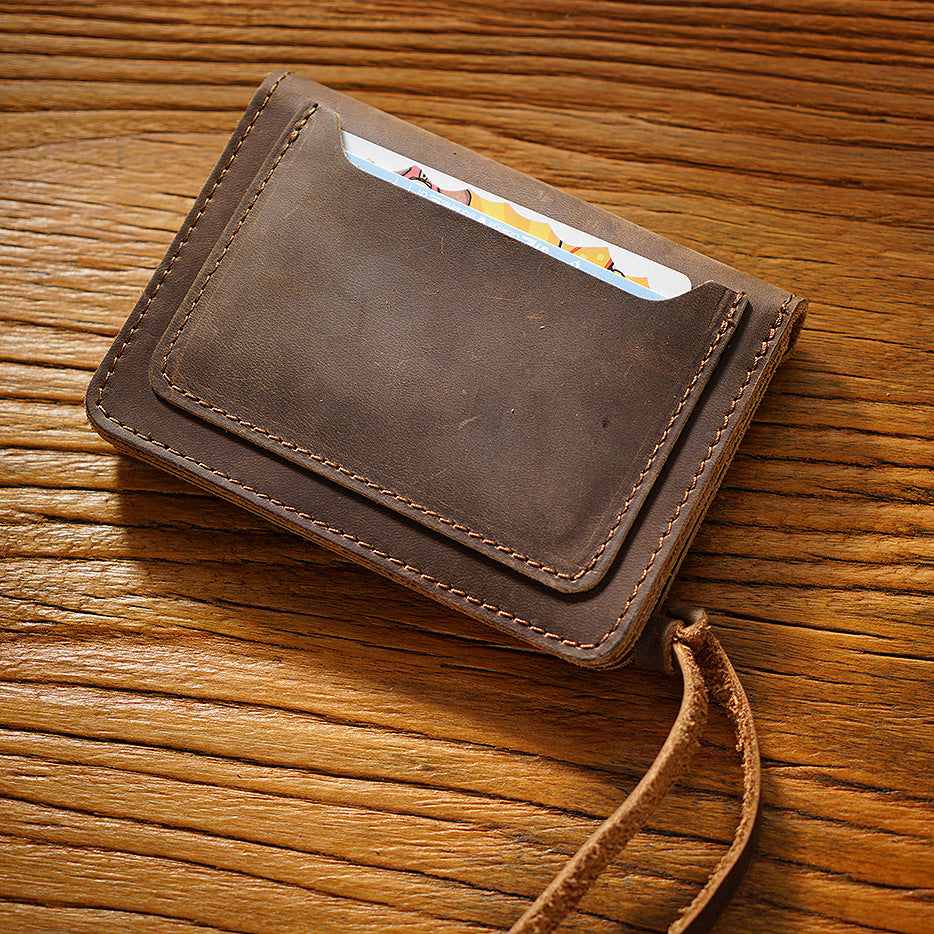 Simple Handmade Genuine Leather Short Vintage Crazy Horse Zipper Card Pack Card Sleeve