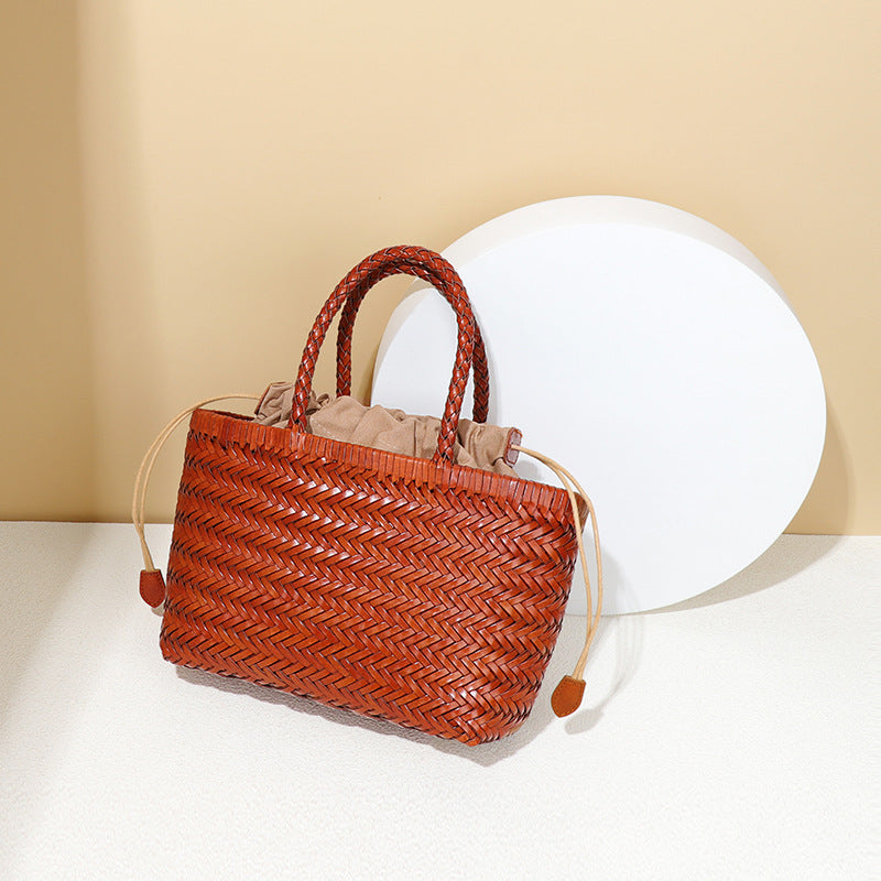Hand-woven Design Vegetable Basket Leather French Retro Rattan Women's Handbag