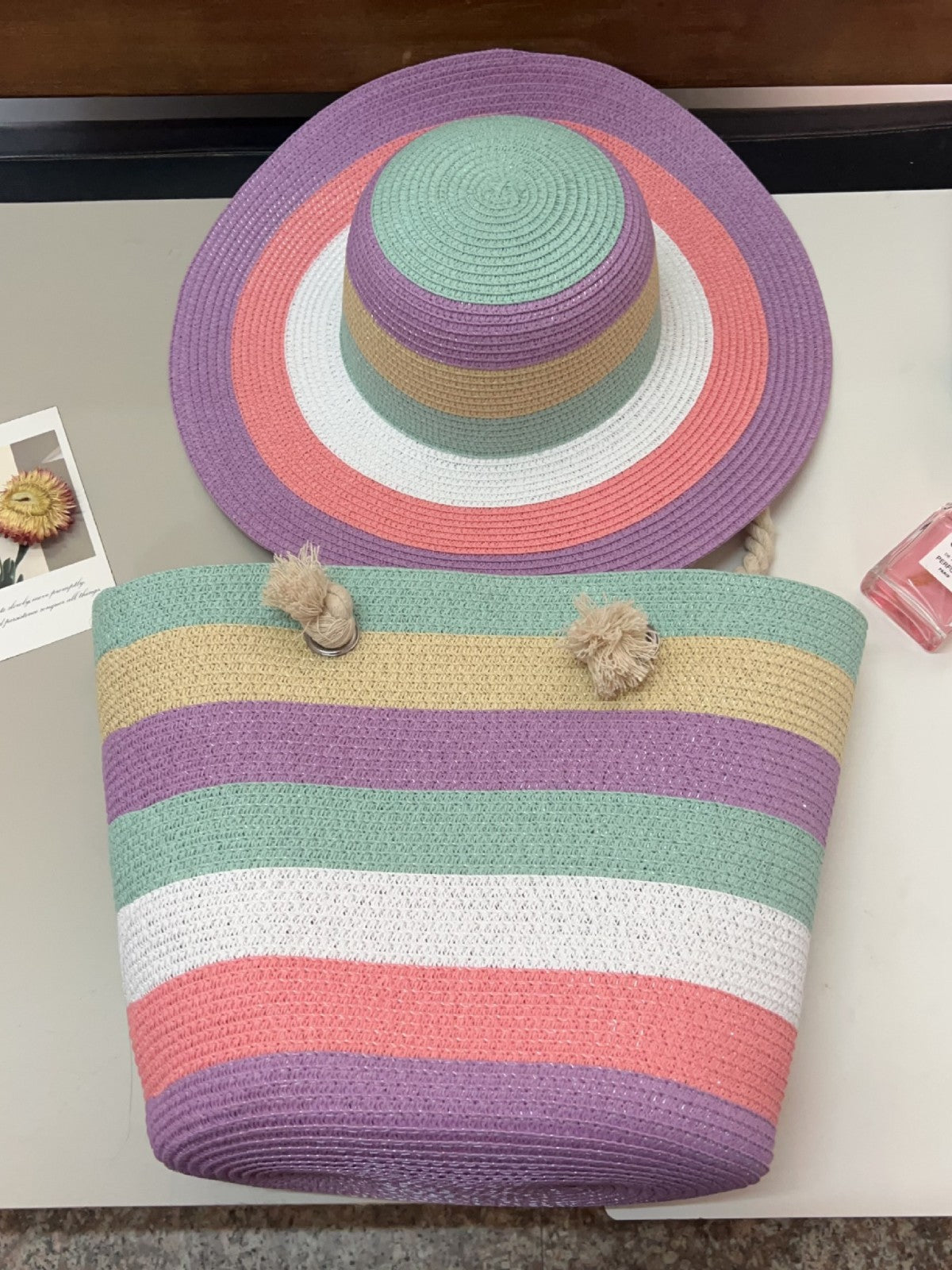 Summer Lady Colored Mosaic Beach Straw Tote Bag