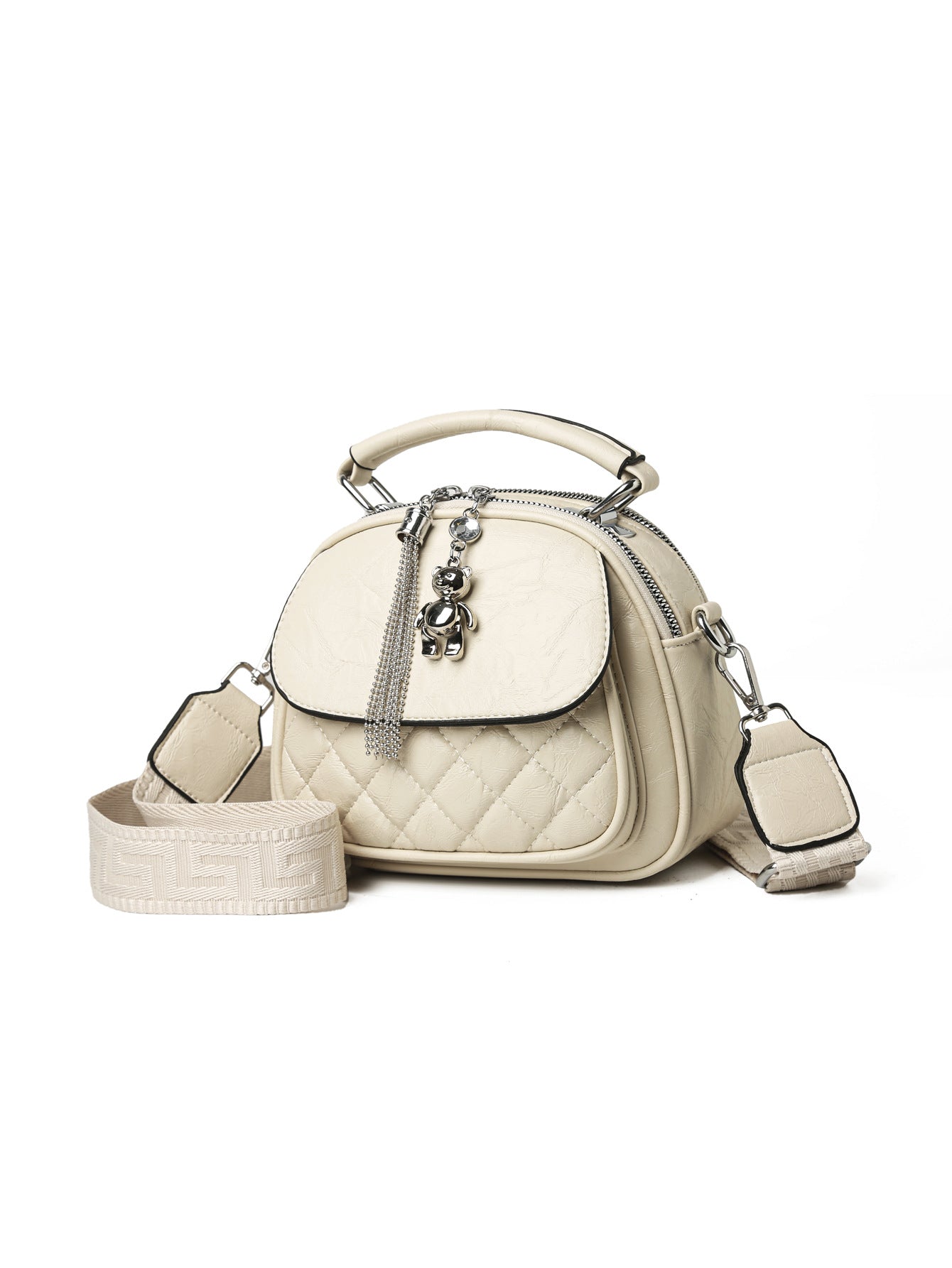 Women's Fashion Rhombus Tassel Bear Pendant Round Bags