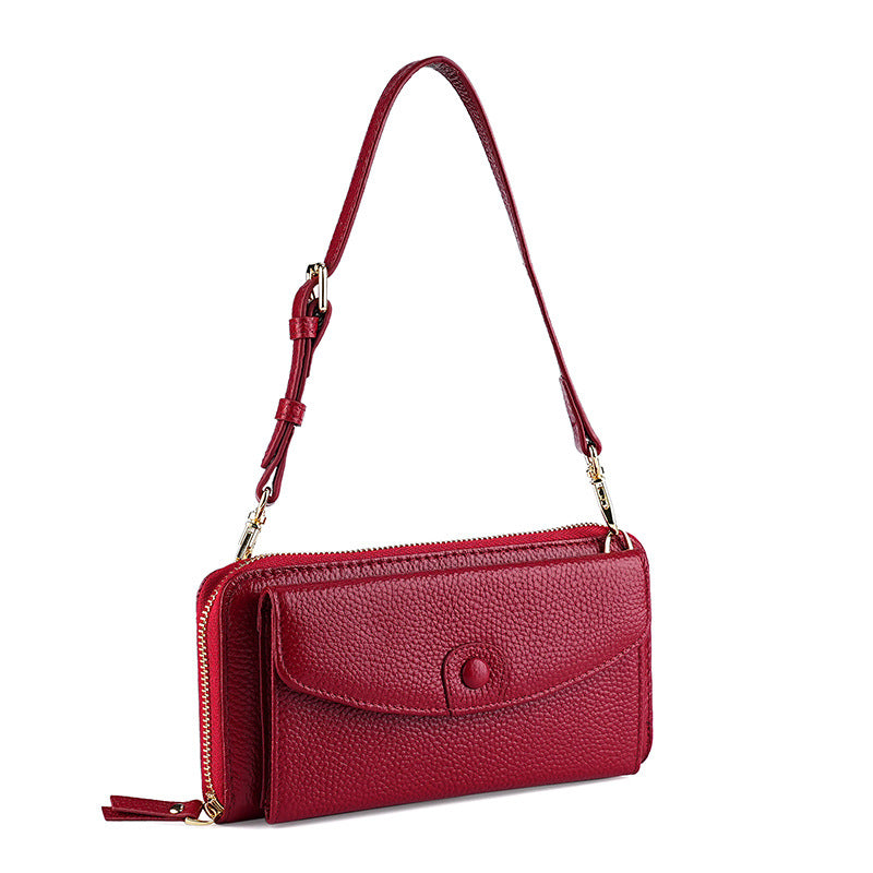 Women's Underarm Layer Cowhide Zipper Mobile Function Genuine Bags