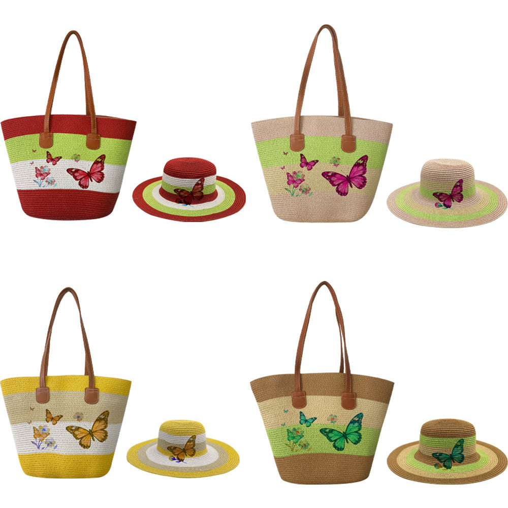 Women's Woven Hat Printing Suit Fashion Butterfly Handbags