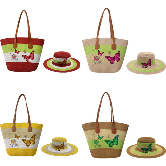 Women's Woven Hat Printing Suit Fashion Butterfly Handbags