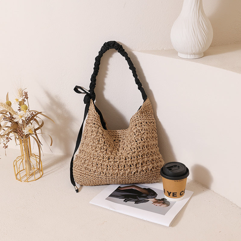 Hollow Flower Large Capacity Straw Solid Color Tassel Woven Bags