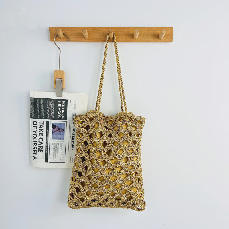 Women's Sier Hollow Straw Handmade Wave Pattern Woven Vacation Beach Niche Women's Shoulder Bag