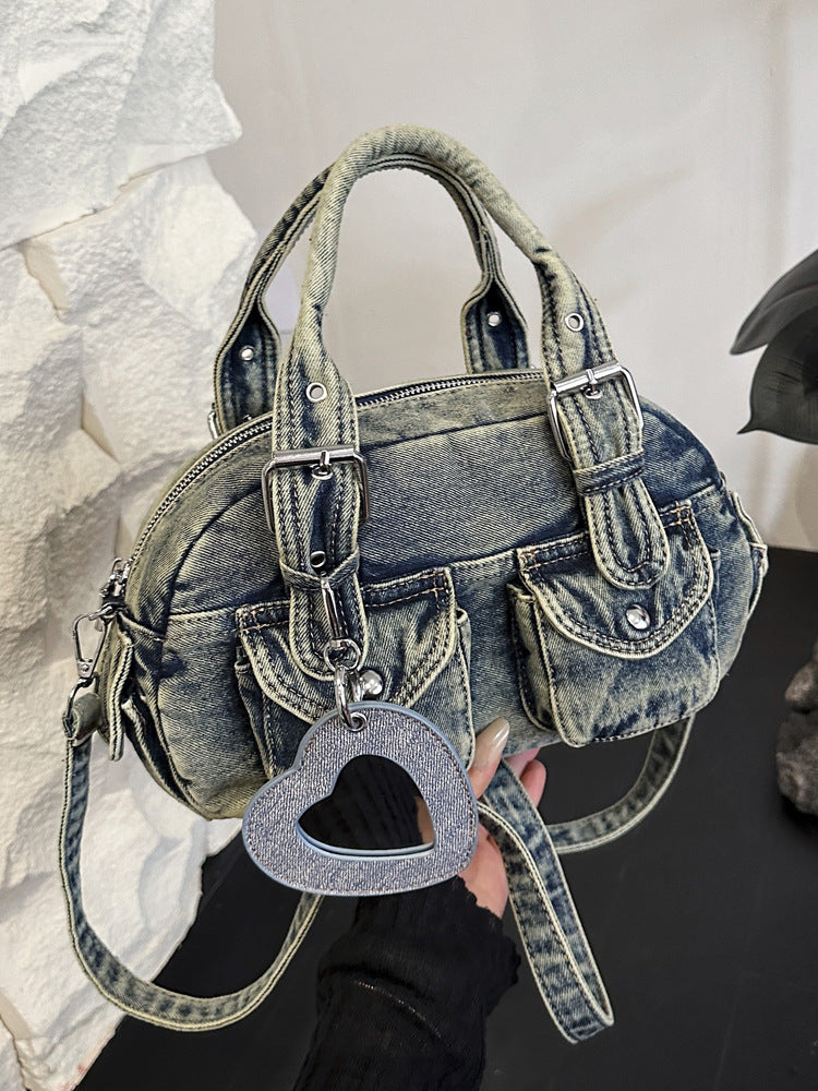 Women's Denim Pleated Portable Boston Bowling Bags