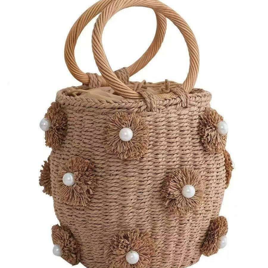 Women's Straw Artificial Pearl Decorative Portable Basket Woven Tote Bag