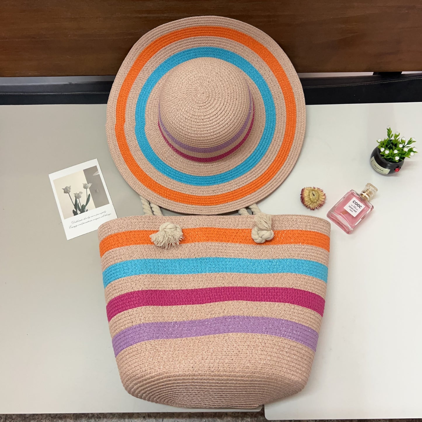 Summer Lady Colored Mosaic Beach Straw Tote Bag