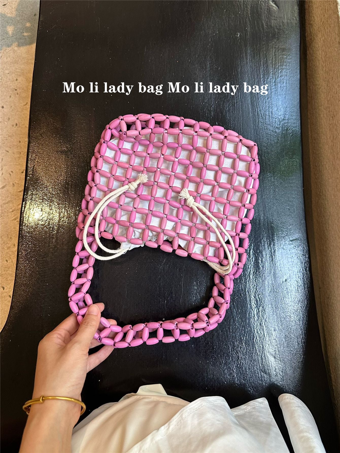 Trendy Design With Wooden Beads Decoration Hand-woven Underarm Bags