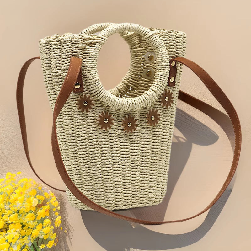Women's Summer Hand-woven Pearl Flower Ethnic Style Straw One Beach Bags