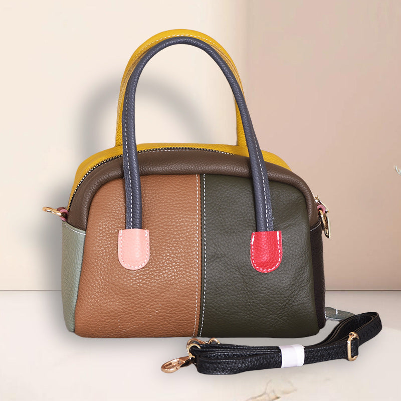 Women's First Layer Cowhide Fashion Retro Patchwork Contrast Women's Handbag