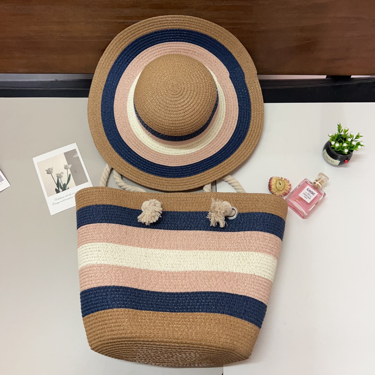 Summer Lady Colored Mosaic Beach Straw Tote Bag