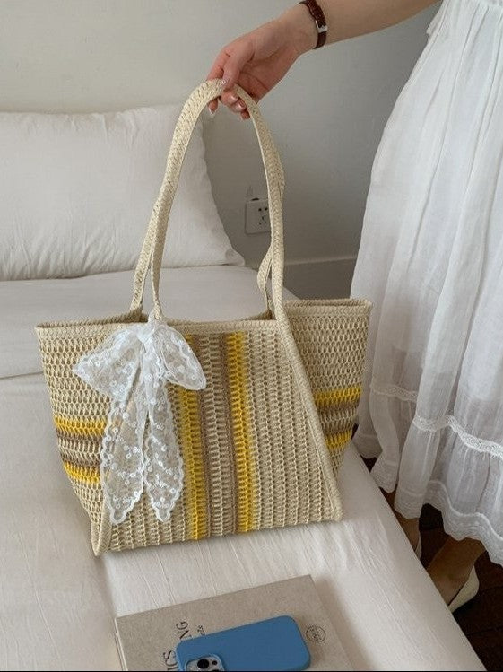 Large Capacity Commuter Straw Woven Fabric Leisure Striped Bags